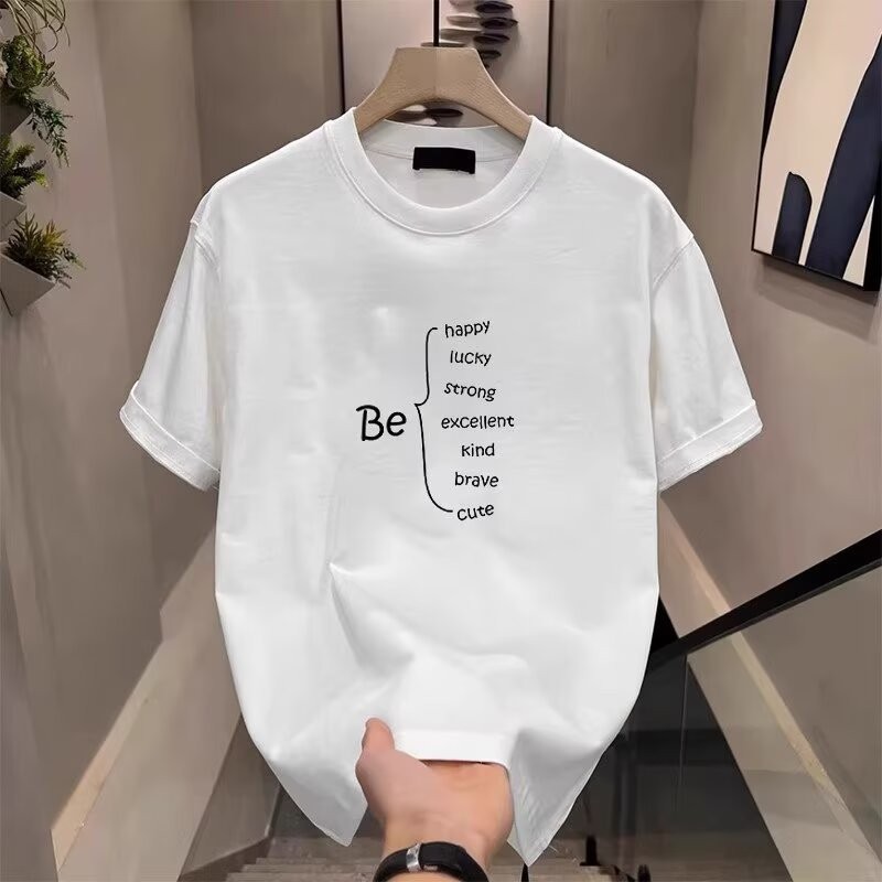 เสื้อยืดคอตตอนพิมพ์ภาษาอังกฤษฤดูร้อนสไตล์เกาหลีคอกลมแขนสั้นผู้ชายสีขาว