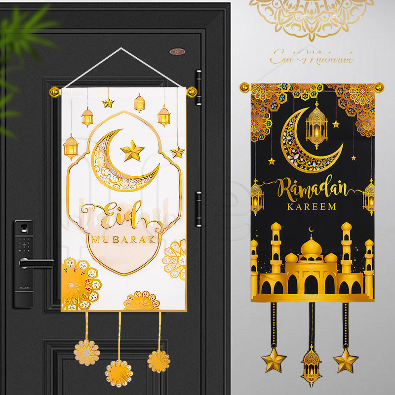 2025 Ramadan Kareem แขวนธง - ตกแต่ง Eid Mubarak - ผนังประตูแบนเนอร์ขนาดใหญ่แขวนเครื่องประดับ - คลาสสิก Star Moon พิมพ์ธงตกแต่ง - บ้านอิสลามเทศกาลมุสลิม Party Decor