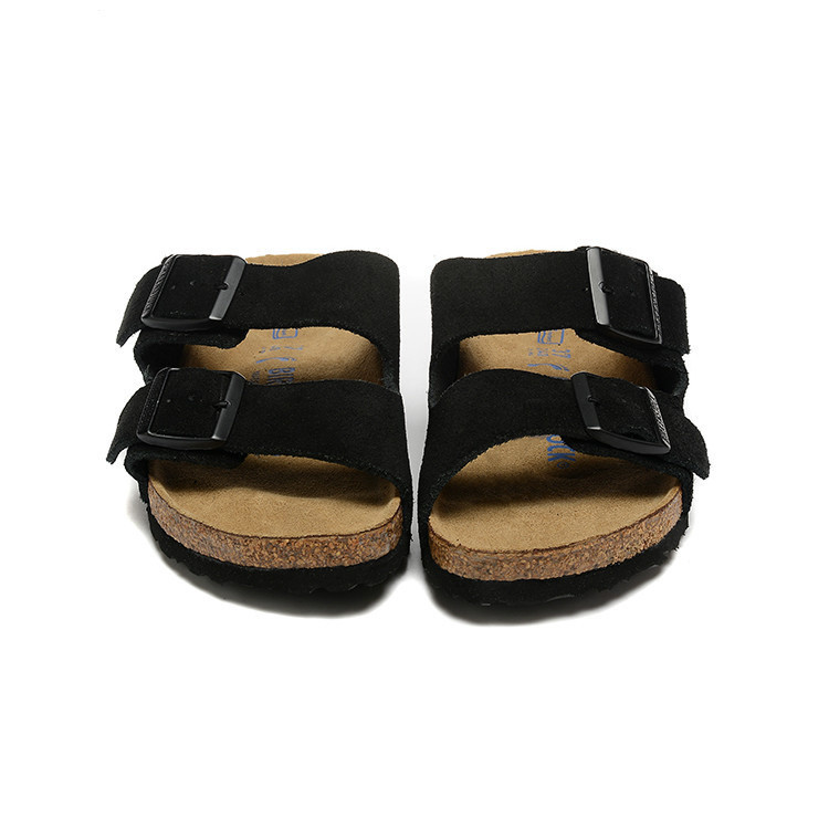 Box toebag พร้อมส่ง Birken รองเท้าแตะหนังนิ่มสีดําสายคู่ตัวอักษรสีน้ําเงิน rvy2 XRKI 3NUT