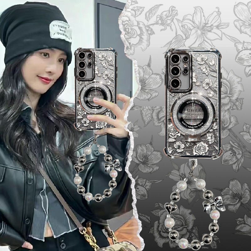 สําหรับ Samsung Galaxy S26 S25 S24 S23 Ultra S23 S24 S25 Plus S25FE S24FE S23FE Luxury Glitter วงเล็บแม่เหล็กกันกระแทกนุ่มกรณีแฟชั่นสร้อยข้อมือ