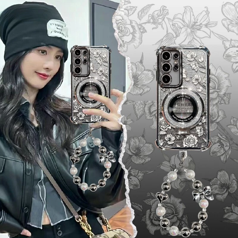 สําหรับ Samsung Galaxy S26 S25 S24 S23 Ultra S23 S24 S25 Plus S25FE S24FE S23FE Luxury Glitter วงเล็บแม่เหล็กกันกระแทกนุ่มกรณีแฟชั่นสร้อยข้อมือ