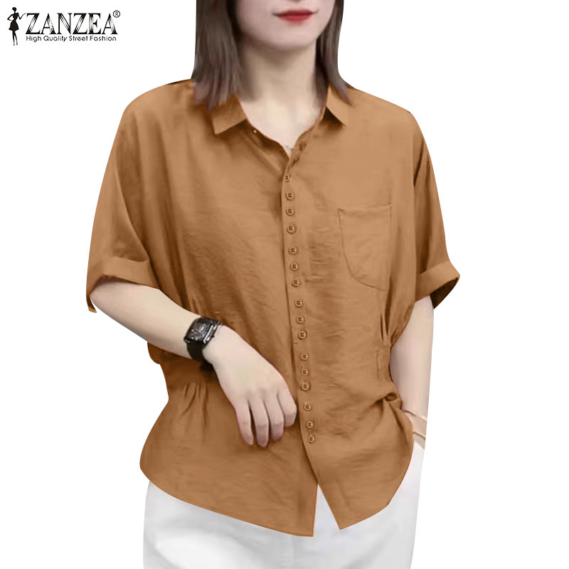 ZANZEA ซานเซีย ผู้หญิงแฟชั่นเกาหลีแขนสั้นปุ่มกระเป๋าเสื้อเชิ้ตสีพื้น