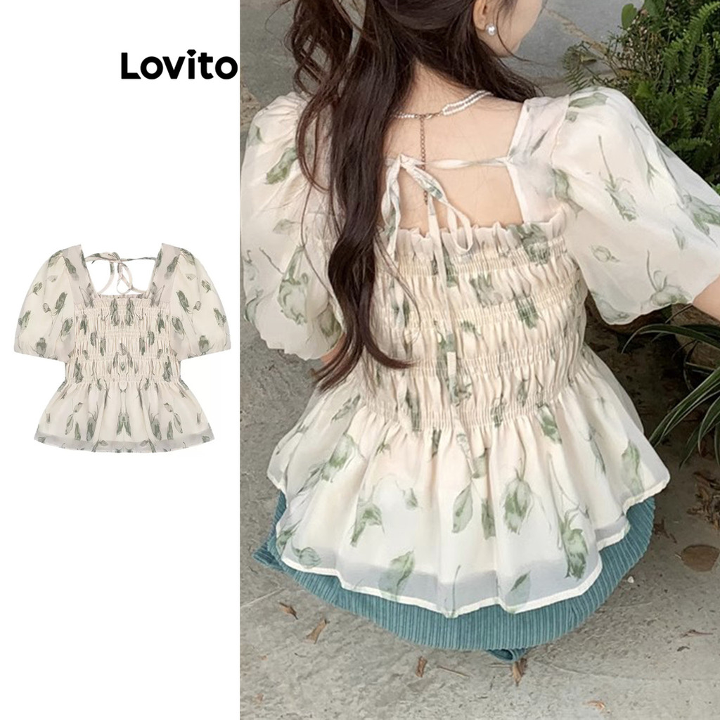 Lovito เสื้อเบลาส์ผู้หญิง แต่งสม็อค สีพื้น ลายเรขาคณิต สไตล์ลำลอง LNE72662