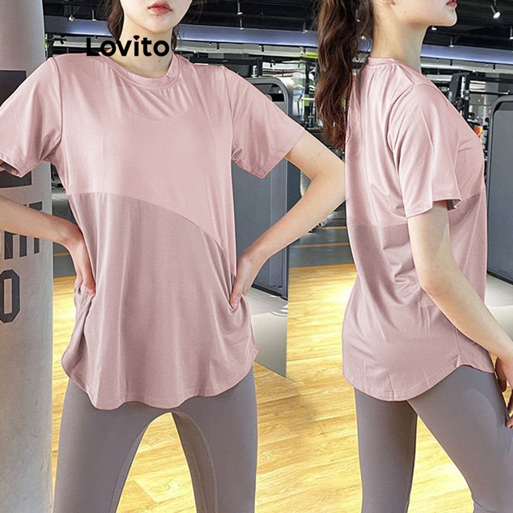 Lovito เสื้อยืดกีฬาสำหรับผู้หญิงแบบสปอร์ตธรรมดาแยกด้านหน้ากีฬาสำหรับผู้หญิง LNL75462