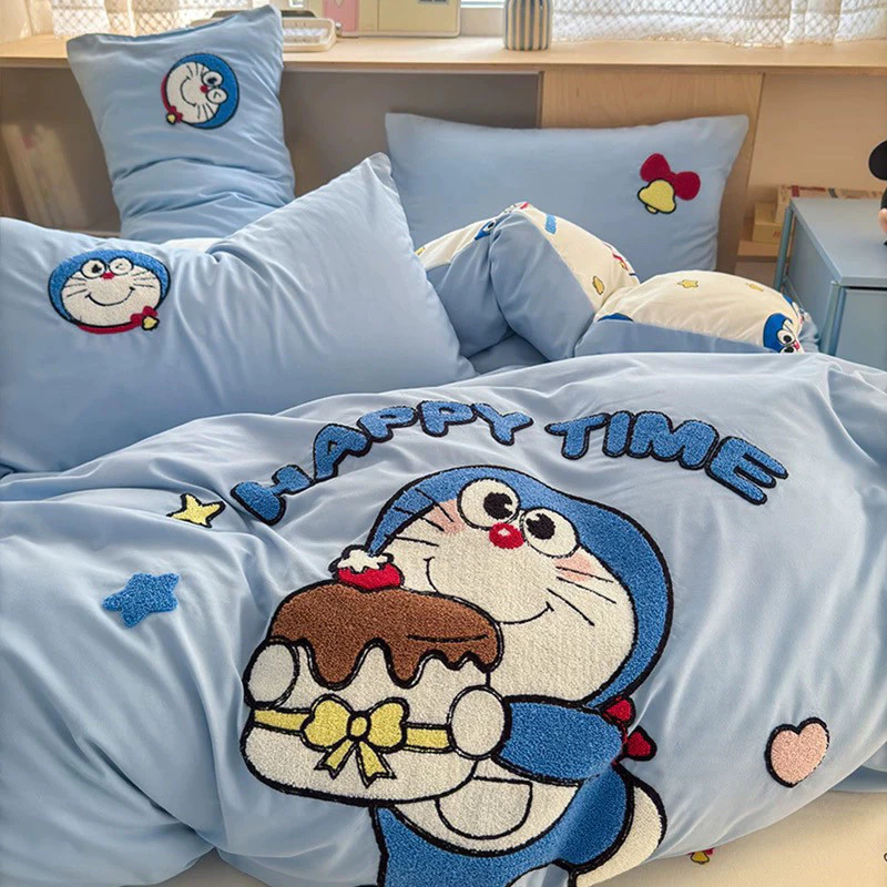 ชุดเครื่องนอนลายโดราเอมอน ผ้าปูที่นอนและปลอกผ้านวม 4 ชิ้น