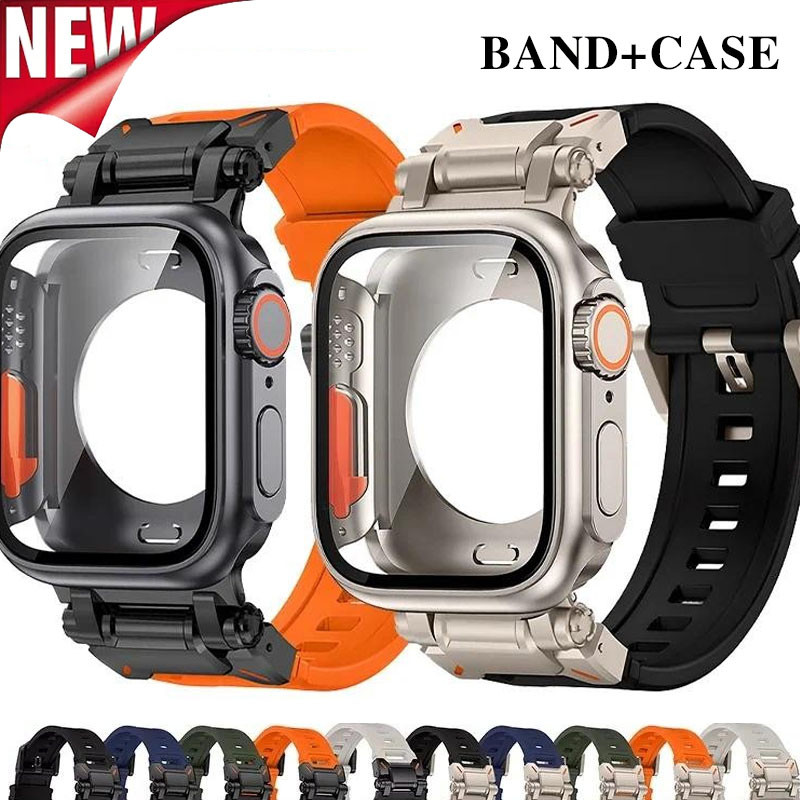 สร้อยข้อมือซิลิโคน PC Protector 2 in 1 Strap + กรณีสําหรับ Apple Watch Series 46 มม.45 มม.44 มม.11 10 9 8 7 6 SE 5 4