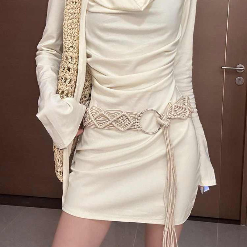 Y2k เข็มขัดกว้างถักสีเบจผู้หญิง Retro แหวนเอวเชือกออกแบบ Girdle ตกแต่งกระโปรง
