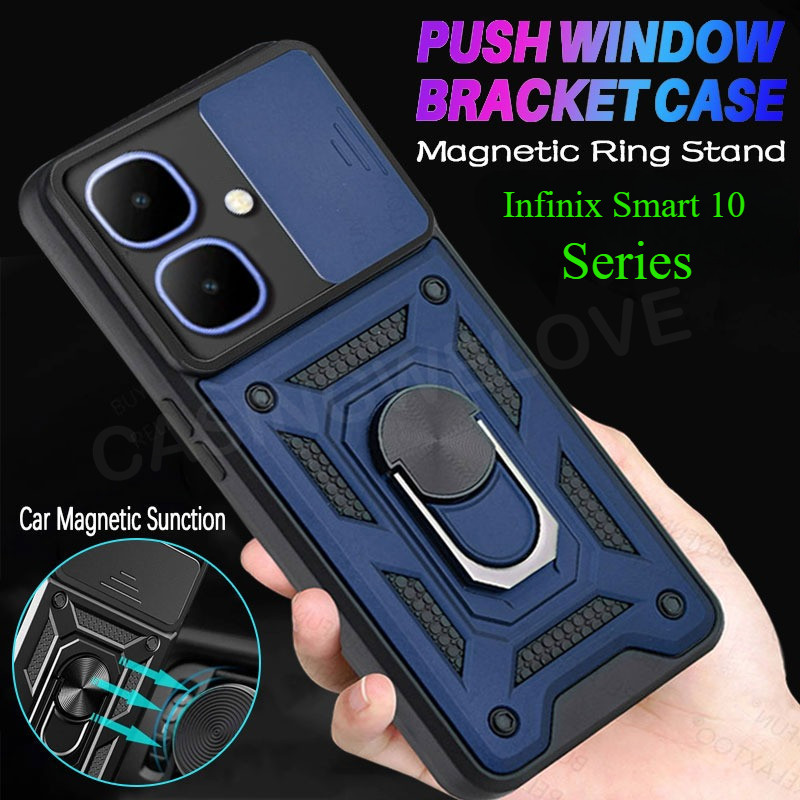 สําหรับ Infinix Smart 20 10 10 Plus Smart 8 9 8Pro Smart10 + Spark GO 2 4G 5G แฟชั่นหรูหราเคสโทรศัพท์เกราะโลหะแหวนวงเล็บ Push ดึงกล้องกันกระแทกป้องกันปลอกปกแข็ง