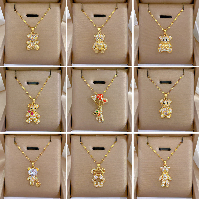 HT สร้อยคอหมีหญิง Micro-Inlaid Real Gold Electroplating Influencer ประณีตไทเทเนียมเหล็ก C