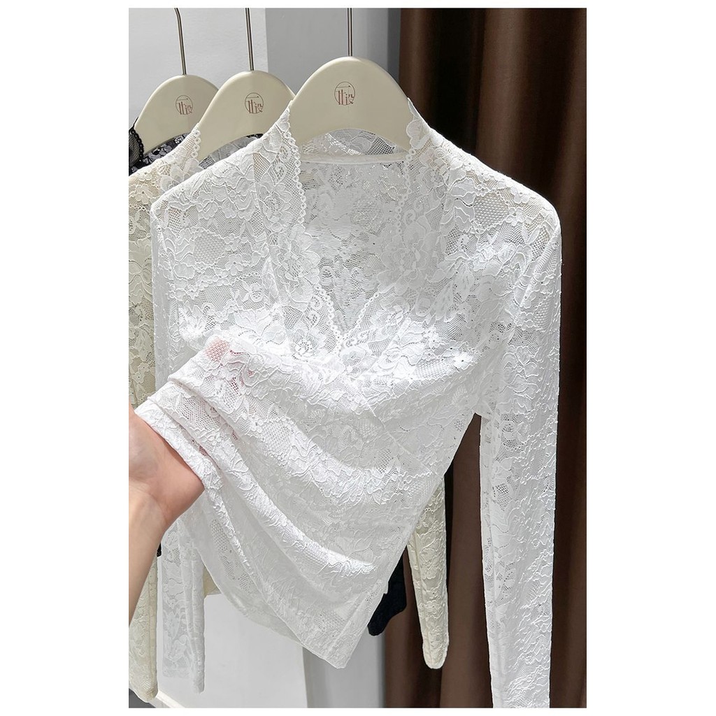 ‌เสื้อลูกไม้คอวีหรูหราสําหรับผู้หญิง - เสื้อยืดแขนยาวผ้าแจ็คการ์ดลายดอกไม้เชียร์ - รูปที่ 6