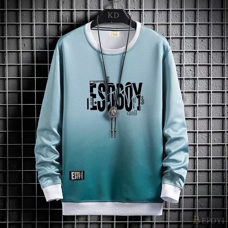 เสื้อฮู้ดผู้ชายแขนยาวเกาหลีพิมพ์รอบคอไล่โทนสีขนาดบวกสีเทา www003ส