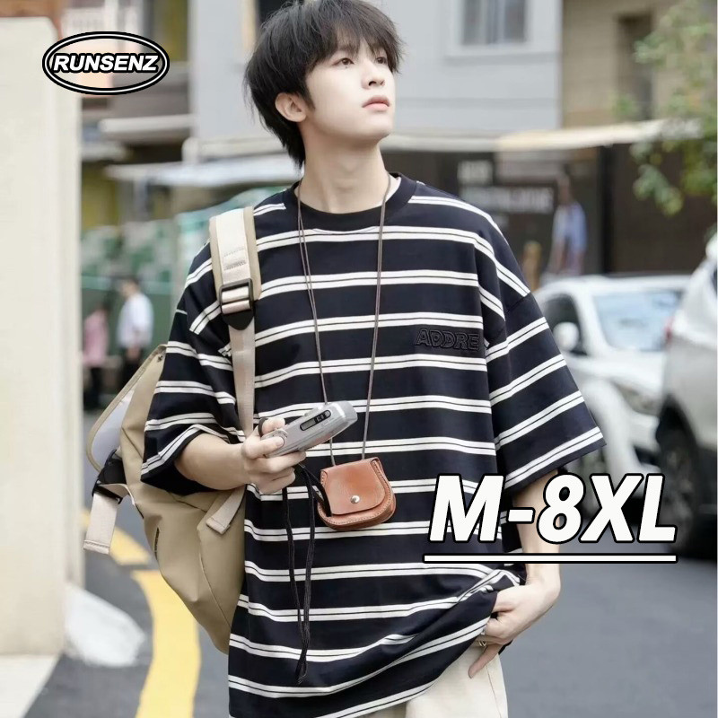 M-8xl แฟชั่นเกาหลีลายแขนยาวผู้ชายขนาดบวกเสื้อยืดลําลองหลวม Oversize Tee