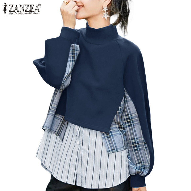 Zanzea ผู้หญิงเกาหลีลําลองคอสูงแขนยาวลาย Patchwork เสื้อ