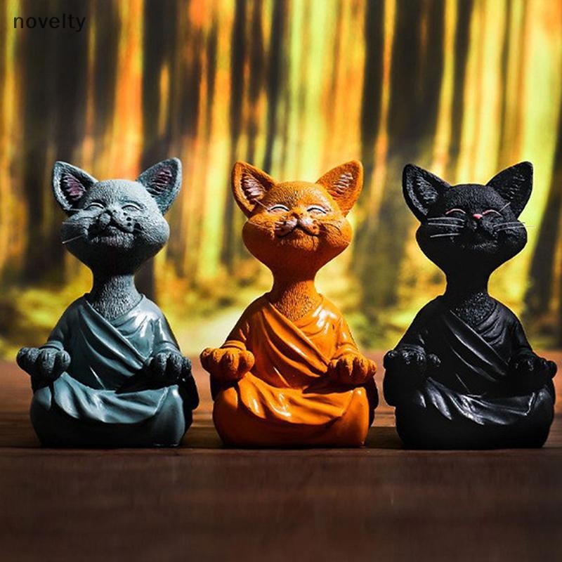 Nly การทําสมาธิ Cat Sculpture ตกแต่งบ้านเรซิ่นสีดําโยคะนั่ง Zen Cat สีดําพระพุทธรูปเครื่องประดับสวนก