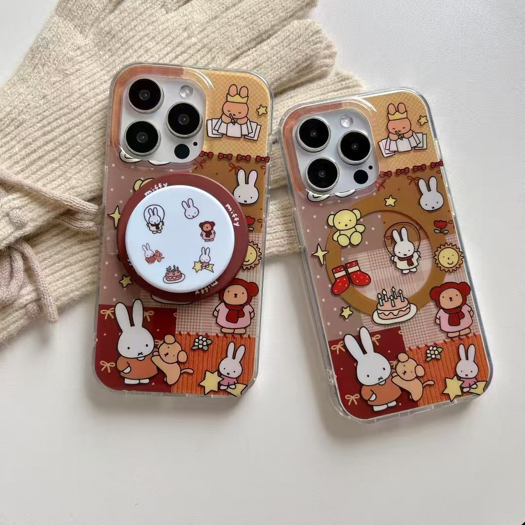 Splicing Bear Miffy Rabbit Bowknot Stand TPU Cover สําหรับ Apple IPhone 16 15 14 13 Pro Max เคสกันกระแทก