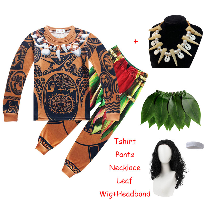 🇹🇭 Moana  Maui Costume Cosplay Costume For Kids Boy Hook กระโปรงใบไม้ เสื้อยืดเครื่องแต่งกายคอสเพลย์