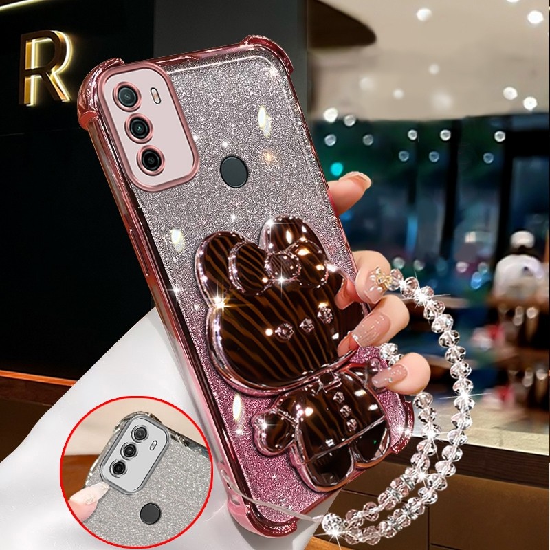 กันกระแทก case สําหรับ OPPO A53 2020 เคสโทรศัพท์สีชมพูประกาย กระจกแต่งหน้ากระต่ายพร้อมที่วางซิลิโคน TPU Soft case XXXDA