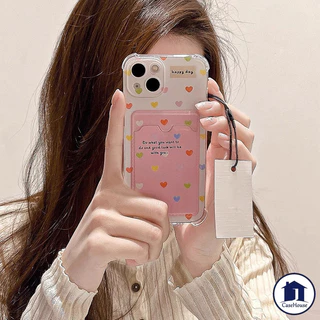 เคสแบบนุ่มพร้อมสายคล้องสำหรับใส่บัตรรูปหัวใจหลากสี เข้ากันได้กับ IPhone XR 15 11 12 14 16 13 Pro Max 7 8 Plus X XS Max