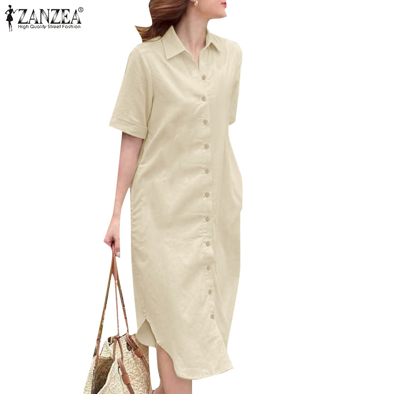 Zanzea ผู้หญิงเกาหลี Turn-Down-Collar ความยาวกลางลูกวัวแขนสั้นสีทึบ Shirtdresses