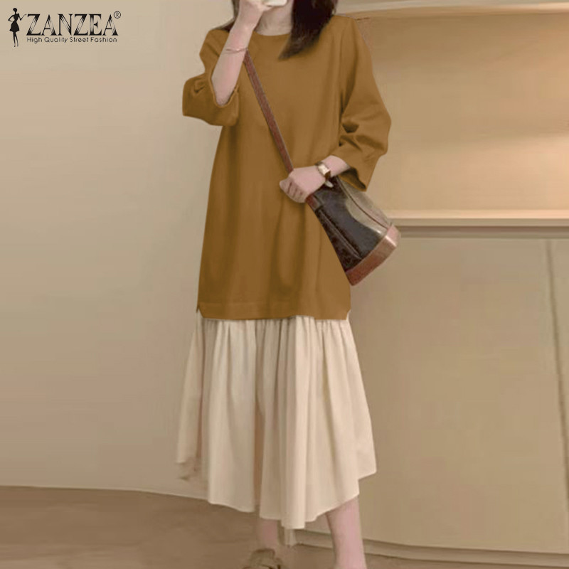 Zanzea ชุดเดรสสเวตเตอร์คอกลมแขนยาวลําลองเกาหลีสําหรับผู้หญิง