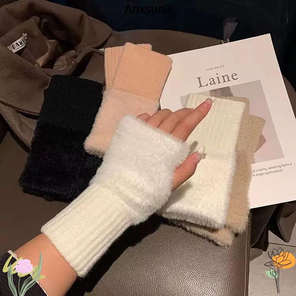 Anxsun3 ถุงมือขนแกะมิงค์, ถุงมือครึ่งนิ้วถักผ้ากํามะหยี่นุ่ม, ถุงมือถักแฟชั่นผู้หญิงเด็กผู้หญิง