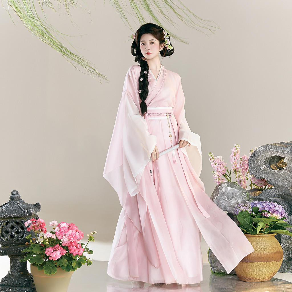Wei Jin สไตล์ Hanfu ชุดเครื่องแต่งกายโบราณสำหรับสาว กระโปรงยาวและแขนใหญ่