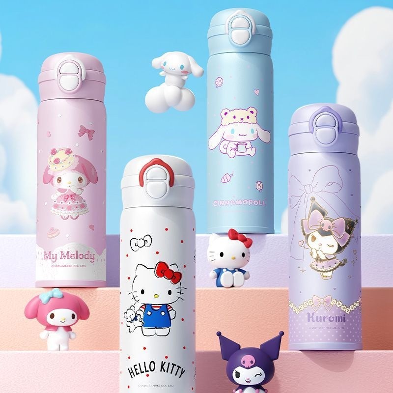 SANRIO ขวดน้ํา ซานริโอ พร้อมหลอดดูด, ถ้วยฉนวน คุโรมิ ถ้วยน้ําการ์ตูนแบบพกพาสําหรับเด็กและนักเรียน 500มล ความจุขนาดใหญ่ถ้วยดื่มคู่