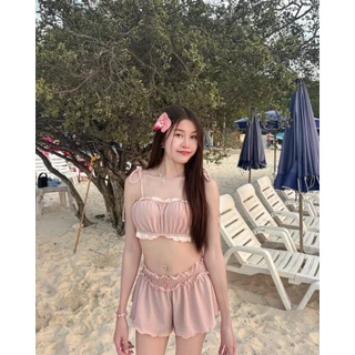 ชุดว่ายน้ำแฟชั่น พร้อมแผ่นรองหน้าอก ทูพีช shorts น่ารัก สีลูกกวาด ผูกโบว์ลูกไม้ ชุดไปทะเล
