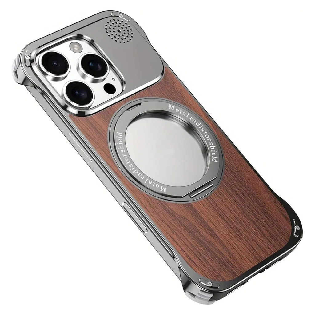 สําหรับ iPhone 15 16 Pro Max เคสแม่เหล็กเนื้อไม้อลูมิเนียมอัลลอยด์ 360° วงเล็บโลหะกันกระแทกปกป้องฝาครอบโทรศัพท์