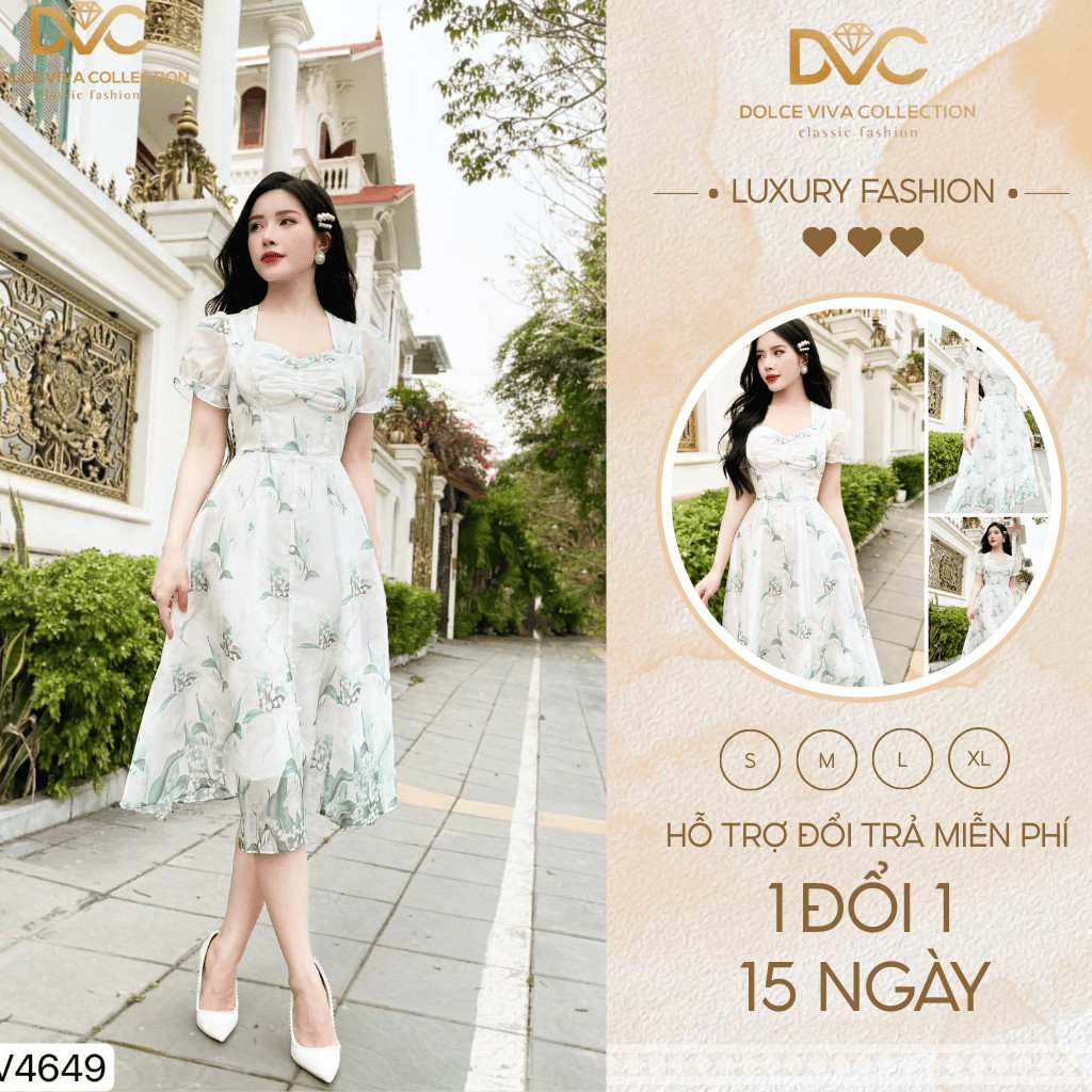 ชุดเดรสผ้าชีฟองสีขาวผู้หญิงคอเต่าบานและแขนพัฟ V4649 – ของแท้ DVC