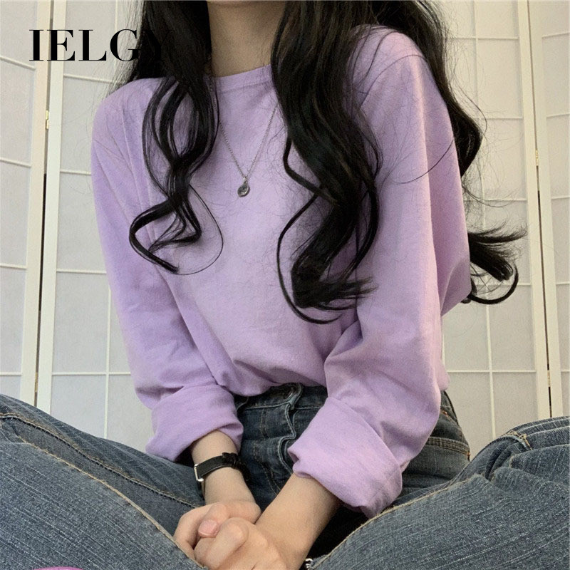 IELGY ต้นฤดูใบไม้ร่วง เสื้อยืดแขนยาวสีทึบผู้หญิงหลวมและหลากหลายด้านบน
