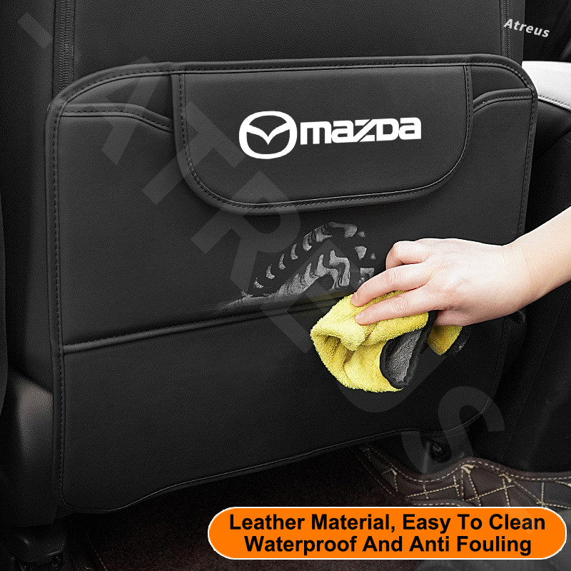 Mazda เครื่องหนัง แผ่นรองเบาะรถยนต์ ป้องกันการเตะ กันน้ำ เบาะหลังรถฝาครอบป้องกัน มีถุงเก็บของ 2 3 CX5 CX30 CX8 CX3 Mazda2 6 5 CX9 BT50