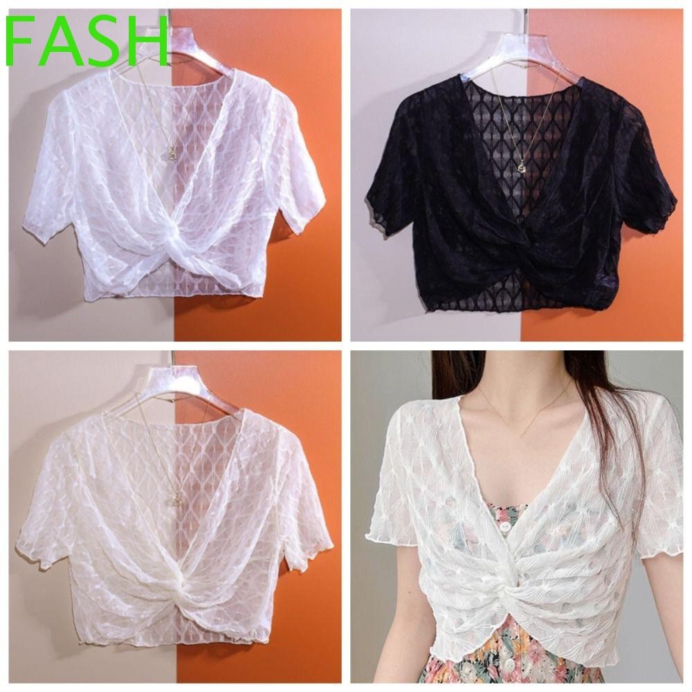 Fash เสื้อลูกไม้เสื้อสวมหัว, ตาข่ายคอวี Hollow Out Crop Top, แฟชั่นลายแขนสั้นบางป้องกันแสงแดดผ้าคลุมไหล่ T เสื้อชายหาด