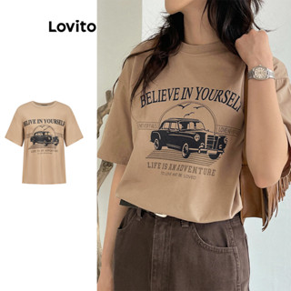 Lovito เสื้อยืด ลายตัวอักษร สไตล์ลำลอง สำหรับผู้หญิง L108ED1…