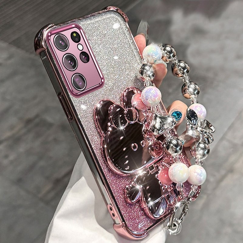 สําหรับsamsung S24 S24 Plus S24 Ultra S24 FEเคสโทรศัพท์สี่มุมAnti-Fallingถุงลมนิรภัยเปรียบเทียบกับกระต่ายกระจกผู้ถือสายคล้องมือโทรศัพท์มือถือกรณีนุ่มXXDBA
