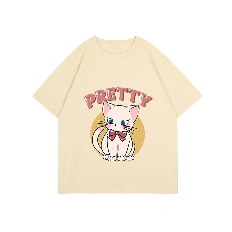 Papaya เสื้อยืด Oversize ลายแมว "Pretty" น่ารักสดใส ผ้าคอตตอน 100% เสื้อยืดสไตล์ลำลอง WS1205