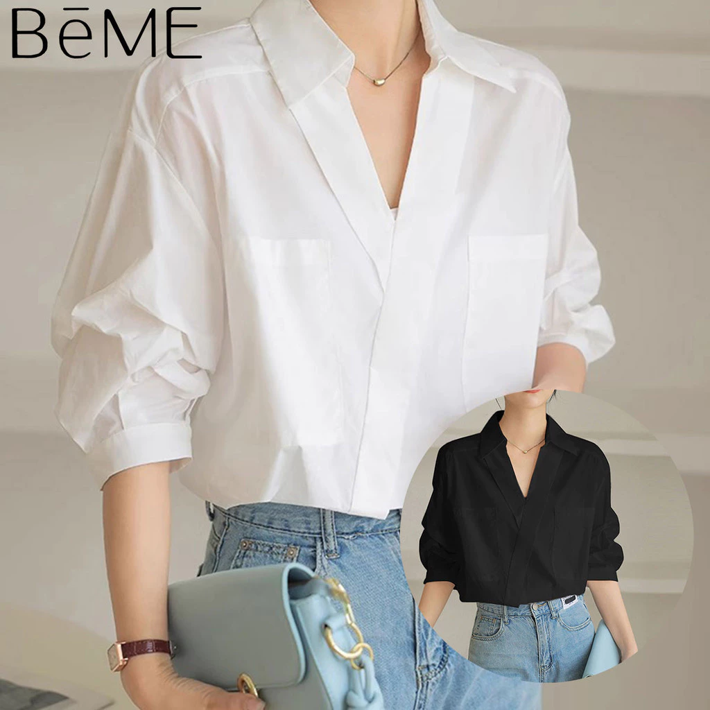 เสื้อเชิ้ตผู้หญิงสีขาว ดีไซน์หรู สไตล์มินิมอล