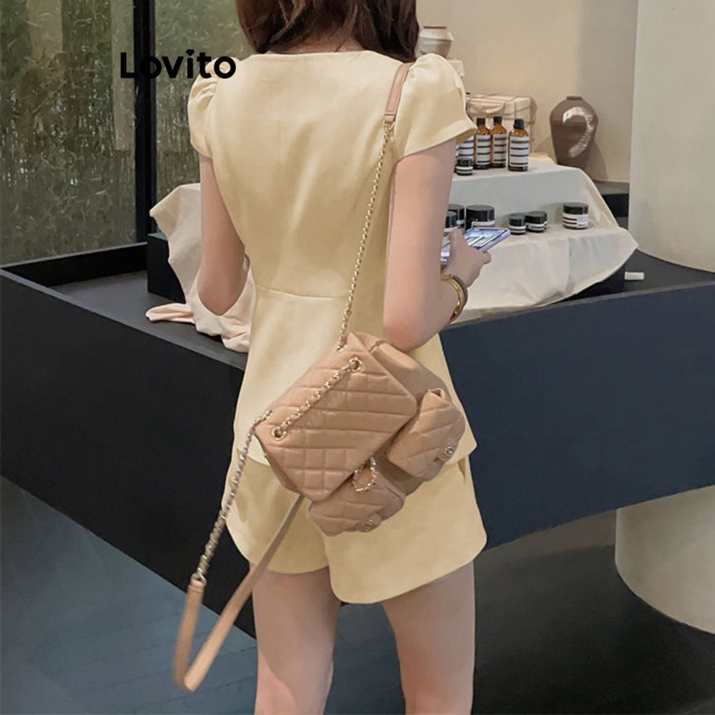 Lovito ชุดเซ็ทกางเกงขาสั้น มีกระดุม แต่งจีบ สีพื้น สไตล์ลำลอง สำหรับผู้หญิง LNE74488 - รูปที่ 3