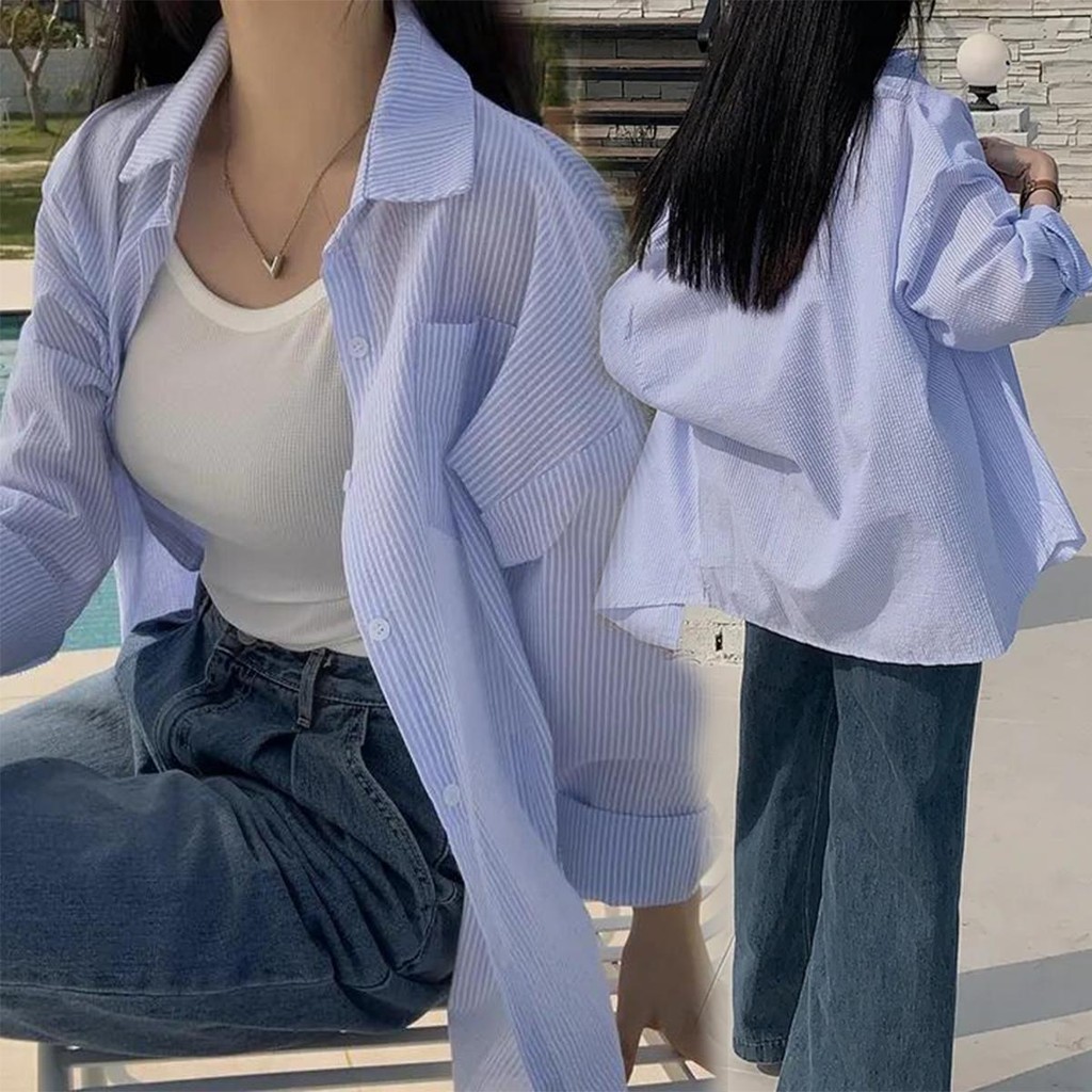 🌻Grace🌻  เสื้อเชิ้ตแขนยาวลายทางสีน้ำเงิน เสื้อเชิ้ตวินเทจเก๋ๆ เสื้อกันแดดแบบบาง ผ้าใส่สบาย สไตล์พื้นฐานสำหรับฤดูร้อนW540