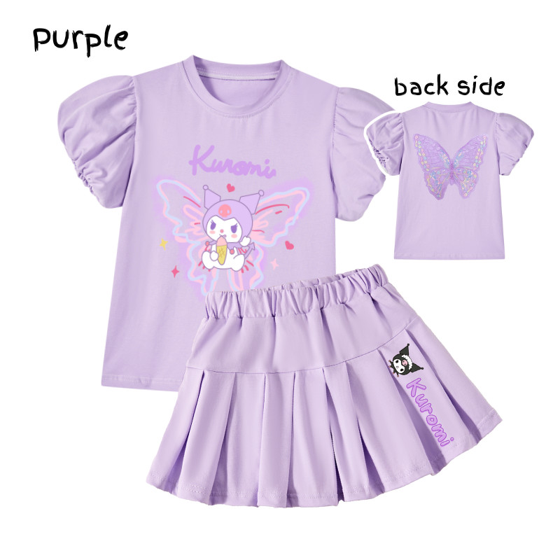 SANRIO ซานริโอ ชุดชุดสาว ทํานอง น่ารักพัฟแขนเสื้อยืดกลับหวานผีเสื้อคลาสสิกจีบกระโปรงเด็กร้อน2ชิ้น - รูปที่ 3