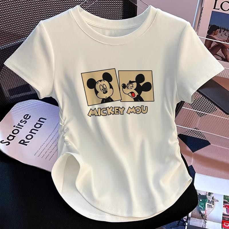 เสื้อคนอ้วนเซ็กซี่ไซส์ใหญ่ สาวอวบ สไตล์ลำลอง คอกลม แขนสั้น สีทึบ แต่งจีบย่น เสื้อยืดครอปเอวลอยทรงเข้ารูป