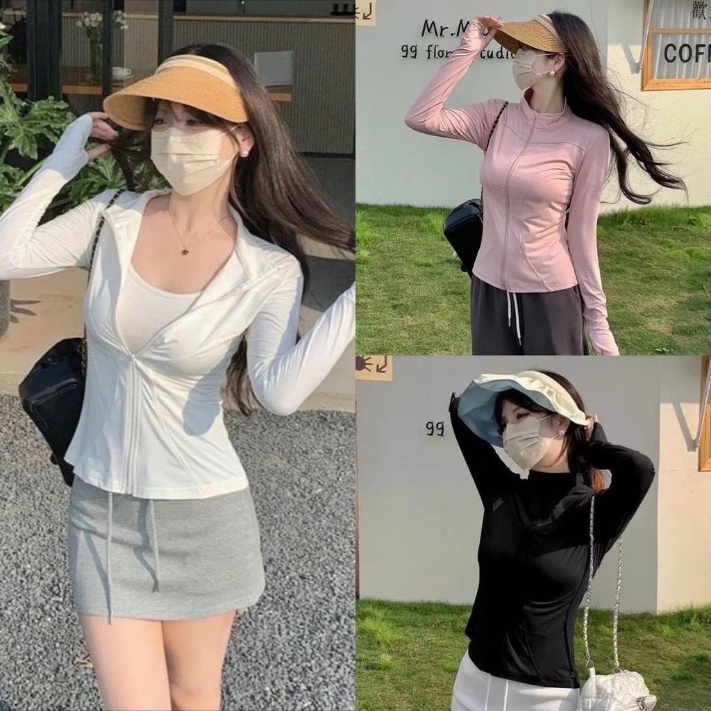 เสื้อคลุมรัดรูป เสื้อกันแดด กัน UV มีซิปรูด K16 ผ้าไหมน้ำแข็ง ใส่สบาย ทรงสลิมฟิต ระบายอากาศได้ดี เสื้อ sports แขนยาว