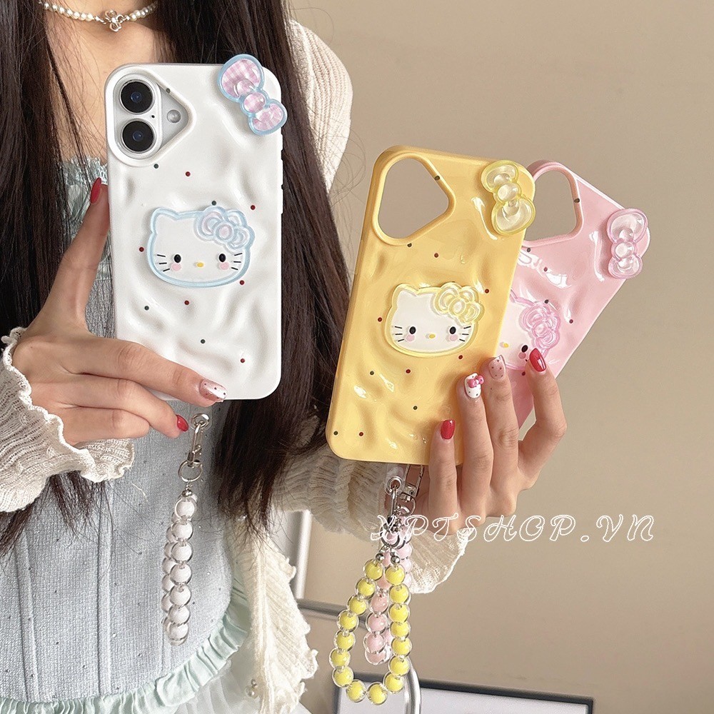 Kitty Bowknot + โซ่ริ้วรอยเคสโทรศัพท์สําหรับ iPhone 17ProMax 16Plus 15 14 13 12 11 กันกระแทกป้องกันปลอก