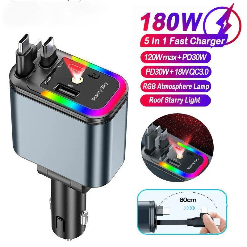 180W 5 In 1 Retractable Car Phone Charger RGB Starry Sky Light สําหรับ PD/QC3.0/SCP/VOOC/FlashCharge