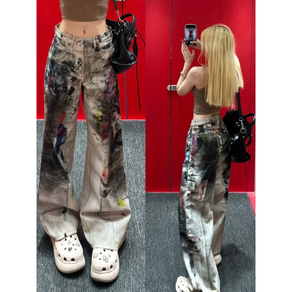 [SR-STUDIO] 3D การพิมพ์ Graffiti Splash Ink 2025SS ฤดูร้อนสไตล์ใหม่ Distressed สกปรกกางเกงยีนส์กางเก