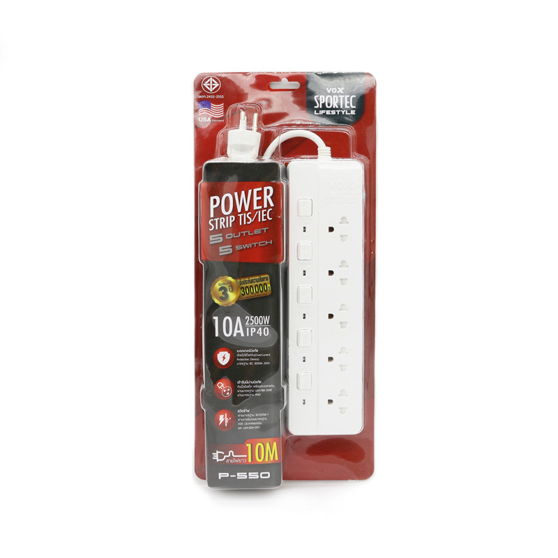 ปลั๊กไฟ 5ช่อง 5สวิตซ์ 10ม. ขาว VOX VS01-5503