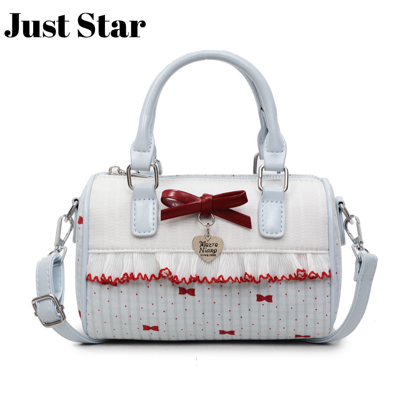 JUSTSTAR กระเป๋าบอสตันแบบพกพาสําหรับผู้หญิงกระเป๋าหมอนแฟชั่นโบว์ลายจุดหวาน