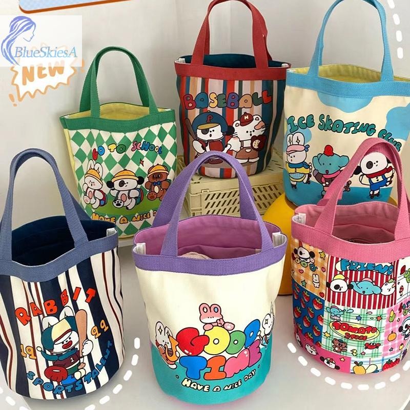 BL Casual Canvas Bucket Bag Tote กระเป๋าถือผู้หญิงการ์ตูนพิมพ์ถุงอาหารกลางวันกระเป๋านักช้อปกระเป๋านักเรียน A