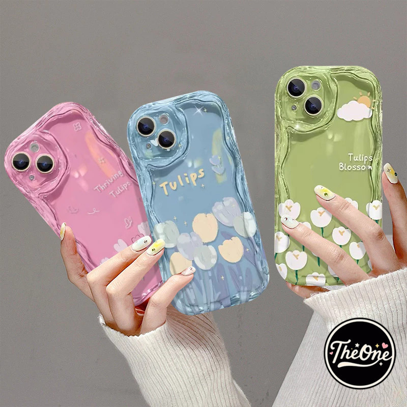 แฟชั่นภาพวาดสีน้ำมันน่ารักดอกทิวลิปดอกไม้ 3D คลื่นโค้งขอบกรณี เคสไอโฟน iPhone11 16 15 14 12 13 Pro Max X 7 8 Plus XR XS