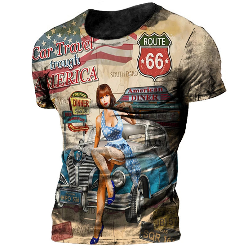 Vintage 66 Route เสื้อยืดสําหรับชาย 3d พิมพ์ Biker มอเตอร์ชายเสื้อยืดขนาดใหญ่ T เสื้อเส้นทาง 66 Raci